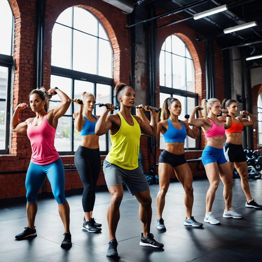 A dynamic scene showcasing a diverse group of athletes engaged in various muscle-building exercises, set against a vibrant gym backdrop. Emphasize the power and determination in their expressions, highlighting strength training equipment and colorful sportswear. Include subtle hints of healthy nutrition like protein shakes and fresh fruits. The atmosphere should exude motivation and energy, inspiring viewers to pursue their athletic goals. super-realistic. vibrant colors. high contrast.